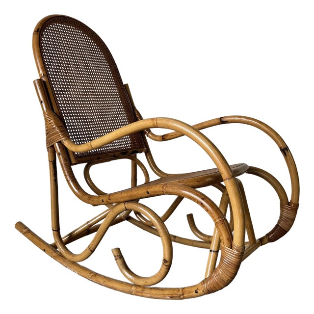 Vintage Coastal Thonet - Style Bamboo and Cane Rocking Chair/ Sold For Sale