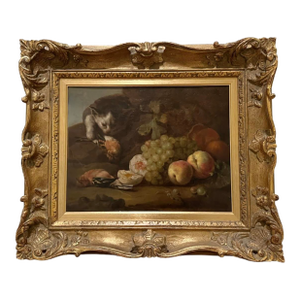 Antique 19th Century Framed Oil Still Life Cat Fruit Bird Painting English