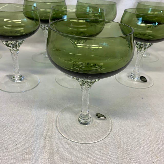 This is a vintage Sasaki "Coronation" (or "Hawthorne Jade") green crystal champagne sherbet glass featuring a clear...
