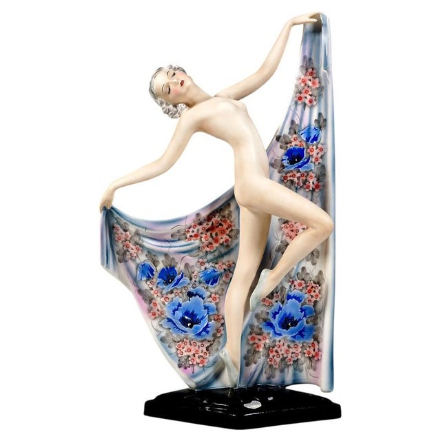 Art Deco Nocturno Nude Dancer Posing with Shawl from Goldscheider, Vienna, Austria, 1939 For Sale - Image 6 of 6