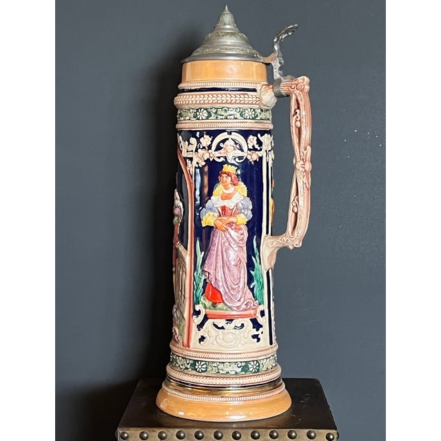 Vintage Gerz German Beer Stein 3l - Large 17" Relief Scene W/ Pewter Lid For Sale - Image 9 of 13