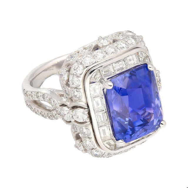 Mid 20th Century Mid 20th Century Agl Certified 10.10 Carat No Heat Ceylon Cornflower Blue Sapphire & Diamond Ring Size 6.5 For Sale - Image 5 of 12