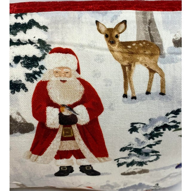 White Festive Santa Themed Christmas Bolster Pillow With Vibrant Red Velour-Like Back - Made in U K For Sale - Image 8 of 12