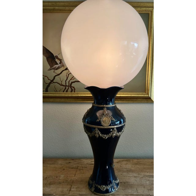 Antique 19th Century Large Sevres Blue Porcelain Vase Globe Table Lamp, Ormolu Jules Prosper Legastelois Decorated with...