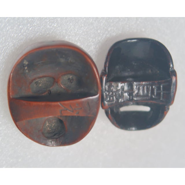 Antique Carved Japanese Wood Mask Netsukes, Signed Deme Joman and Iko For Sale - Image 9 of 10