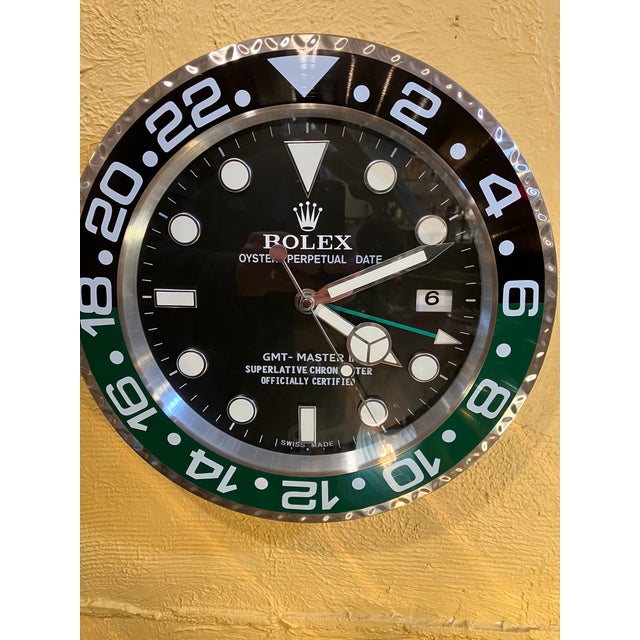 1980s Vintage Black Silver and Green Rolex Display Wall Clock For Sale - Image 5 of 15