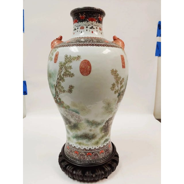 Large Antique Chinese Famille Rose Porcelain Floor Vase With Figural Scene and Wooden Stand For Sale - Image 9 of 9
