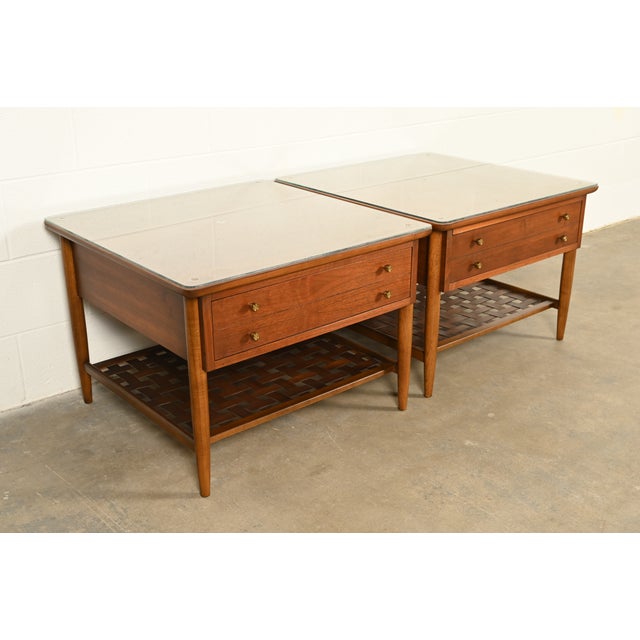 Mid-Century Modern Paul McCobb Style Mid-Century Modern Walnut and Woven Shelf End Tables by Lane, Circa 1960s For Sale - Image 3 of 15