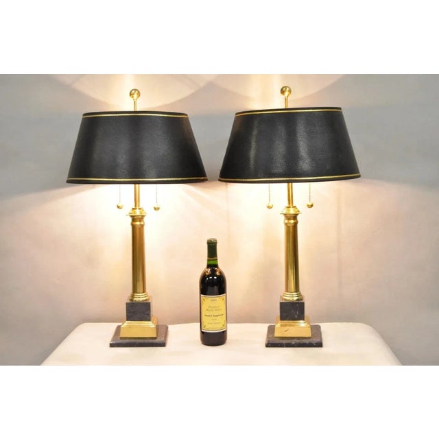 Vintage French Empire Style Italian Black Marble & Polished Brass Column Table Lamps With Black Textured Shades - a Pair....
