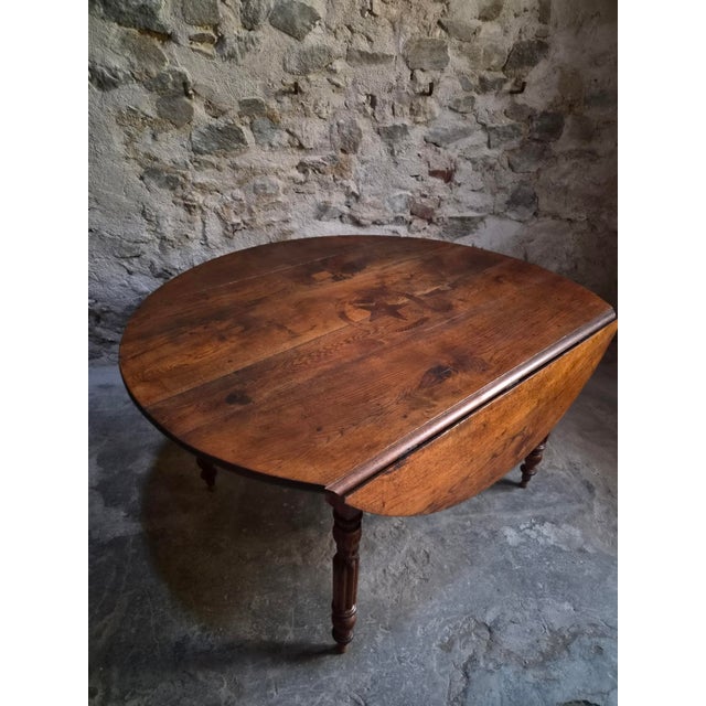 Rustic Antique French Round Oak Drop-Leaf Dining Table, 1870s For Sale - Image 3 of 18