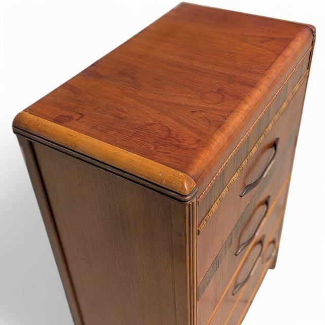 Wood 1930s Art Deco Waterfall Tallboy Dresser With Figured Wood For Sale - Image 7 of 16