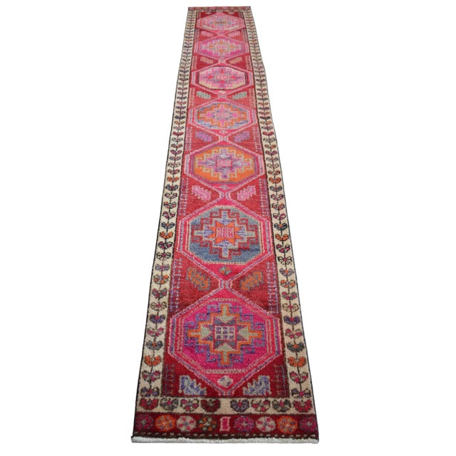 Turkish Runner Rug, Hand-Knotted Organic Wool Runner Rug Kitchen Island Sied Long - Narrow Runner For Sale - Image 9 of 14