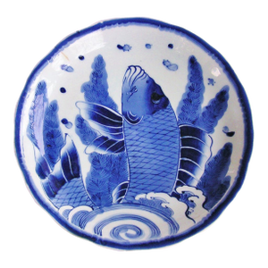 Early Edo Period Japanese 12.75 Inch Shallow Bowl With Carp and Waves