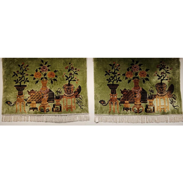 Early 20th Century Pair of Vintage Chinese Art Deco Pictorial Rugs, Silk & Wool, Vase Motif, 2' x 3' For Sale - Image 5 of 12