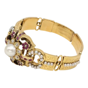 Early 20th Century Victorian 18k Yellow Gold Diamond Pearl Ruby Bangle