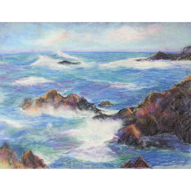 Vintage Rocky Coastline Seascape Pastel Painting For Sale - Image 4 of 4