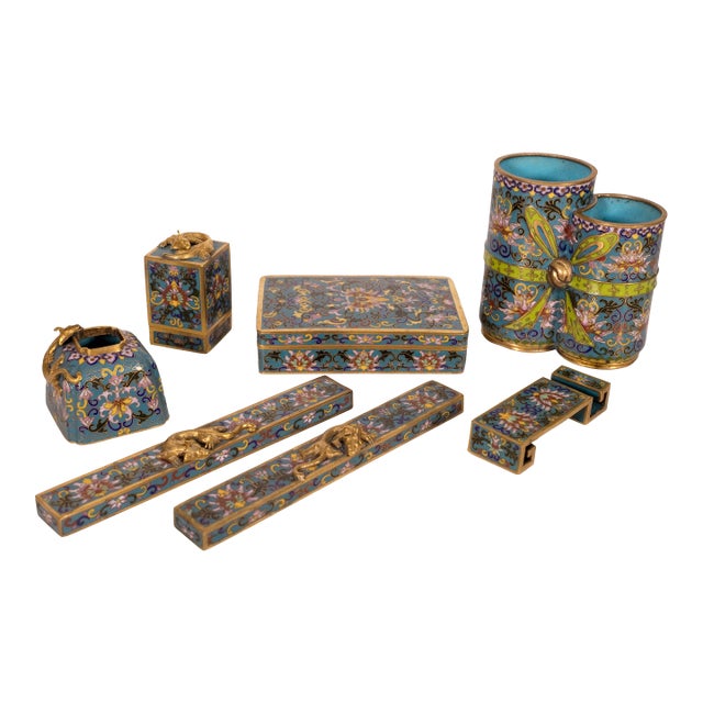 Vintage Chinese Qing Dynasty Desk or Calligraphy Set Cloisonne Asian Scholar For Sale