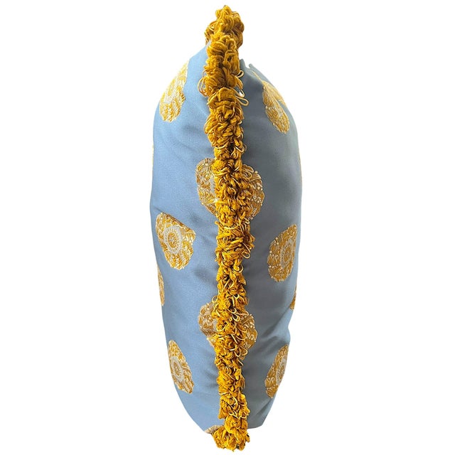 2010s Pair of Custom Designer Pillows in Powder Blue & Golden Ochre Medallion Fabric With Textural Fringe Trim For Sale - Image 5 of 6