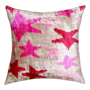 Turkish Modern Pink Rose Valvet Silk Ikat Pillow and Down Feather Insert