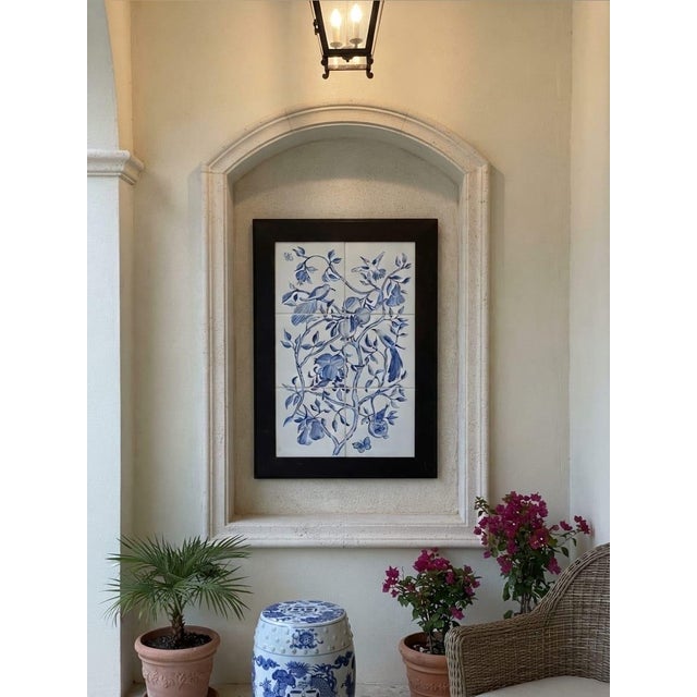 Vintage Blue & White Ceramic Tile Wall Panel - Chinoiserie Botanical & Bird Motif For Sale - Image 10 of 12