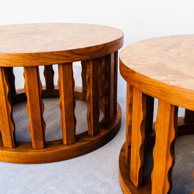 Vintage Mid Century Walnut & Burl Drum Side Tables by Cal Mode For Sale - Image 10 of 15