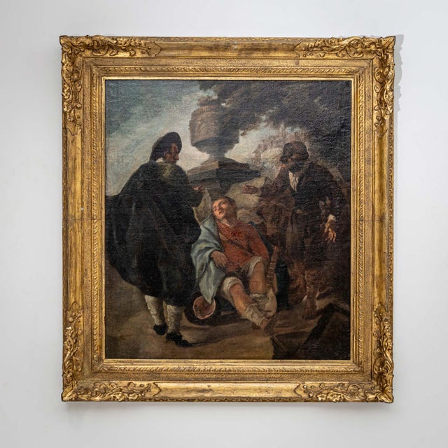 Depiction of a young man with a lute sitting between two quarrelling men. Painting in oil on canvas Image size: 58 x 50...