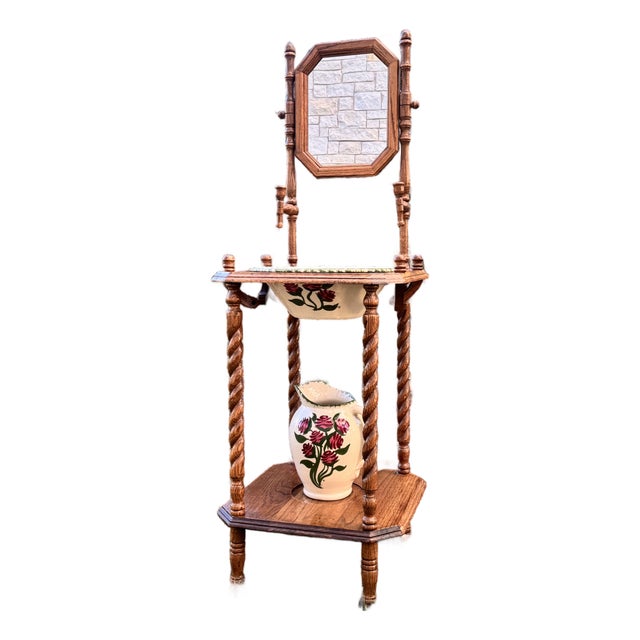 Vintage Victorian Style Oak Barley Twist Washstand With Mirror - Cow Creek Pottery Pitcher and Bowl Included For Sale