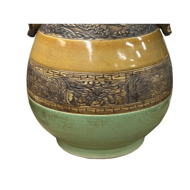 Orient Crackle Green Dragon Motif Ram Heads Artistic Pottery Ceramic Vase For Sale - Image 13 of 15
