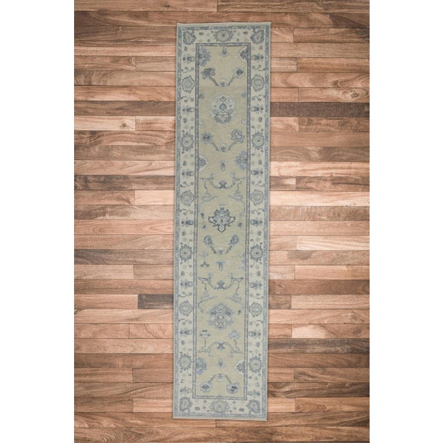 Early 21st Century Early 21st Century Green & Blue Floral Design Handwoven Wool Turkish Oushak Rug 2'5" X 10' For Sale - Image 5 of 6
