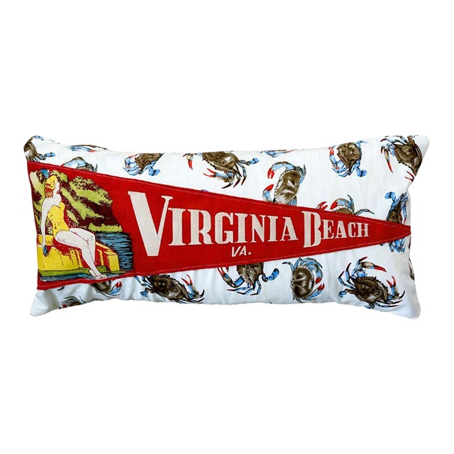 Virginia Beach Vintage Large Red Pennant on New Woven Coastal Crabs Fabric Throw Pillow For Sale