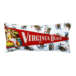 Virginia Beach Vintage Large Red Pennant on New Woven Coastal Crabs Fabric Throw Pillow