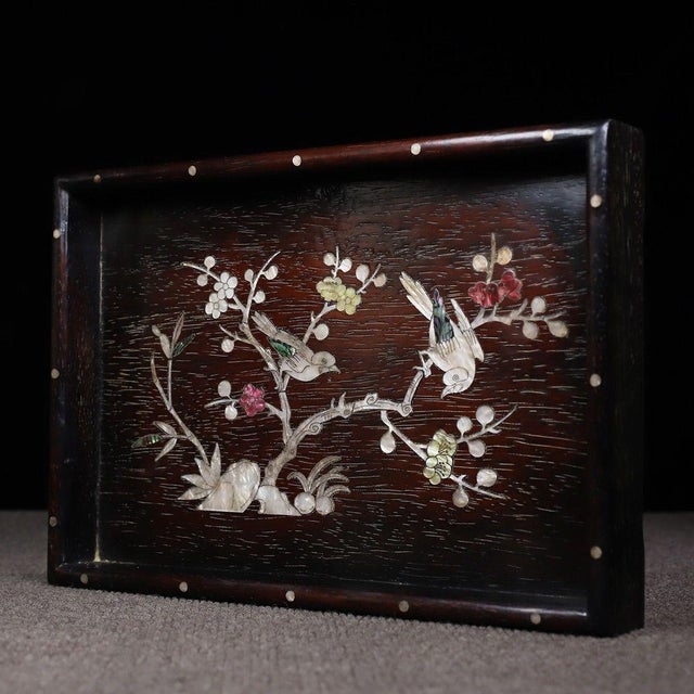 Traditional Dark Wood Tea Tray With Mother-of-Pearl Bird and Floral Inlay For Sale - Image 3 of 10