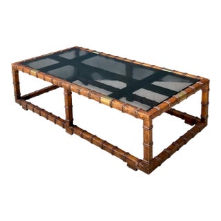 Vintage Carved Faux Bamboo and Glass Coffee Table For Sale