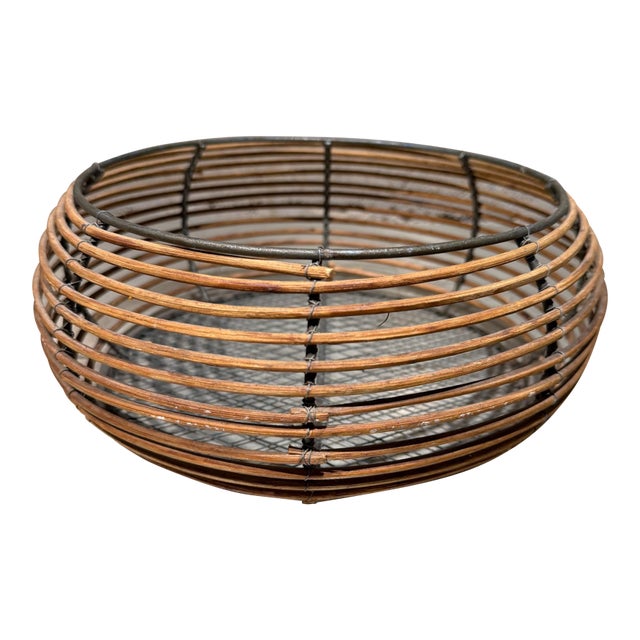 Round Wicker Metal Wrapped Basket Farmhouse Rustic Desig For Sale