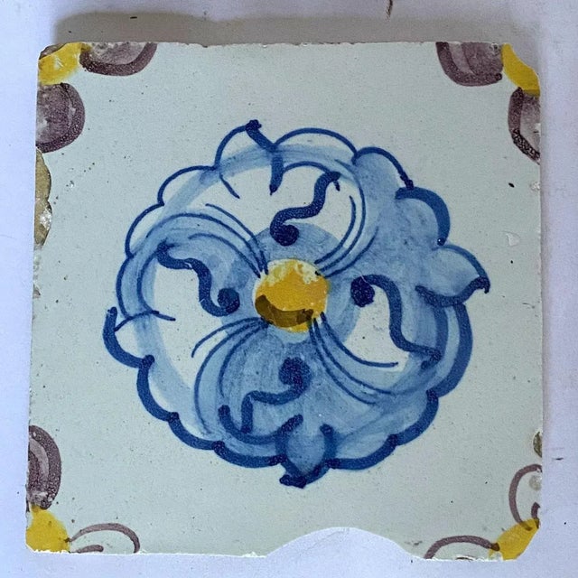Portuguese Tin Glazed Pottery Floral Square Azulejo Tile For Sale - Image 11 of 12