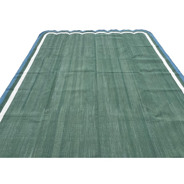 Handmade Cotton Flat Weave Area Rug, Forest Green and Teal Blue Scalloped Dhurrie - 10'x14' For Sale - Image 6 of 11