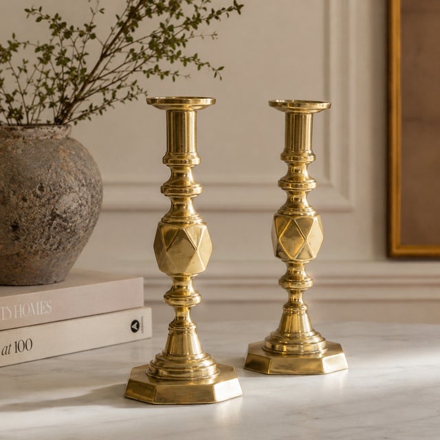 English Antique Pair of Victorian English Brass Candlesticks – Queen Victoria Diamond Jubilee, 1897 For Sale - Image 3 of 11