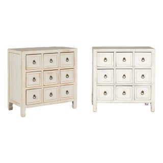 Vintage Distressed White Lacquer Apothecary Chests – Near Pair with Nine Drawers For Sale