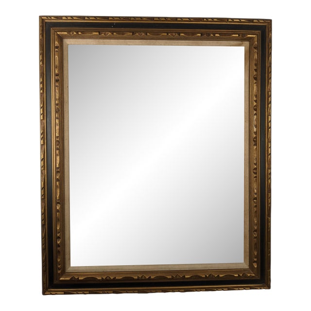 Large Vintage Carved Wood Picture Frame in Gold & Deep Blue With Cream Linen Liner For Sale