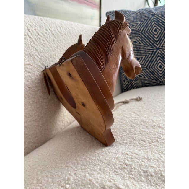 Brown Vintage Hand-Carved Wooden Double Horse Head Wall Rack For Sale - Image 8 of 10