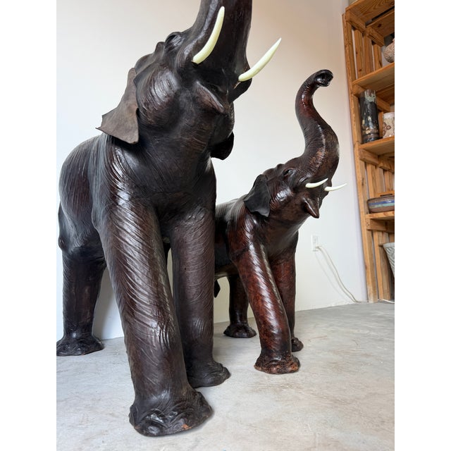 Vintage Safari Style Oversized Leather Elephant Sculptures With Raised Trunks – A Pair For Sale - Image 13 of 18