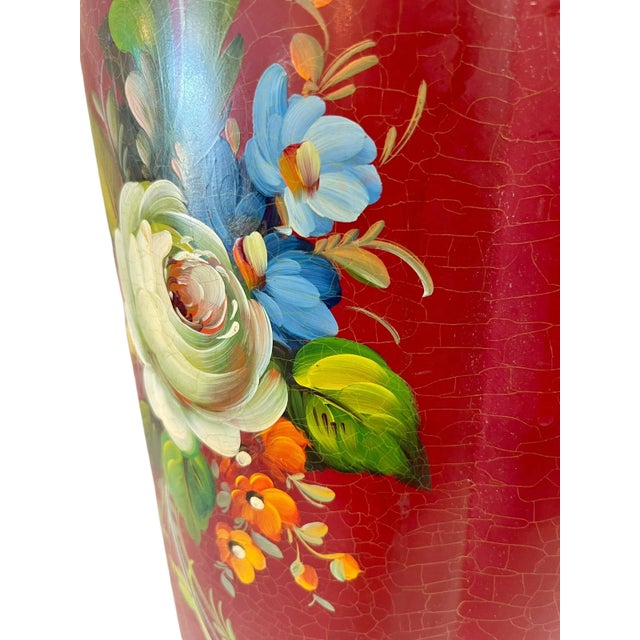Vintage French Provincial Red Tole Floral Hand-Painted Umbrella or Walking Stick Stand For Sale - Image 4 of 12