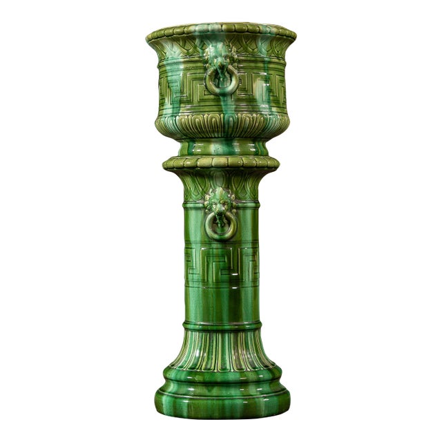 Early 20th Century Brush McCoy “Green Onyx” Majolica Pedestal & Planter Set For Sale
