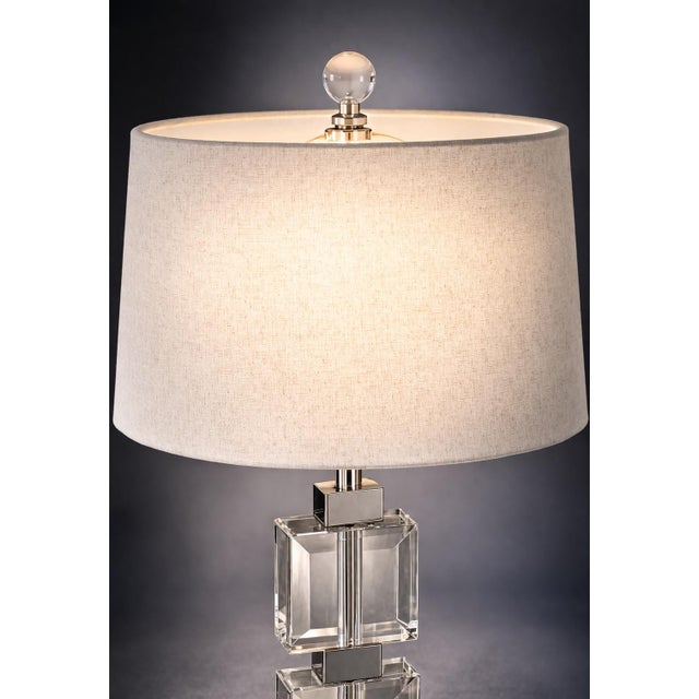 Late 20th Century Late 20th Century Modern Architectural Stacked Glass Cube Table Lamp — 30” Geometric Chrome & Crystal With Linen Drum Shade For Sale - Image 5 of 6