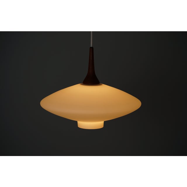 Mid-Century Modern Danish UFO Lamp in Opal Glass and Teak, 1960s For Sale - Image 6 of 15