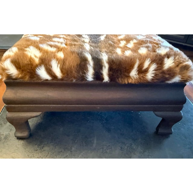 Mid 19th Century Faux Deer Hide Antique Footstool | Lodge Look | Cabin Decor Faux Fur Foot Rest | Farmhouse Stool Wood Legs For Sale In New York - Image 6 of 11
