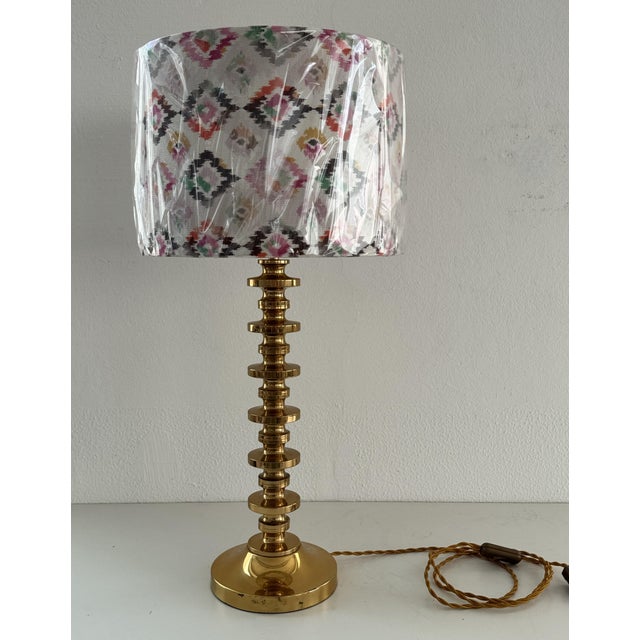 Mid-Century Modern Mid-Century Brass Table Lamp with Ikat Lampshade, 1970s For Sale - Image 3 of 15