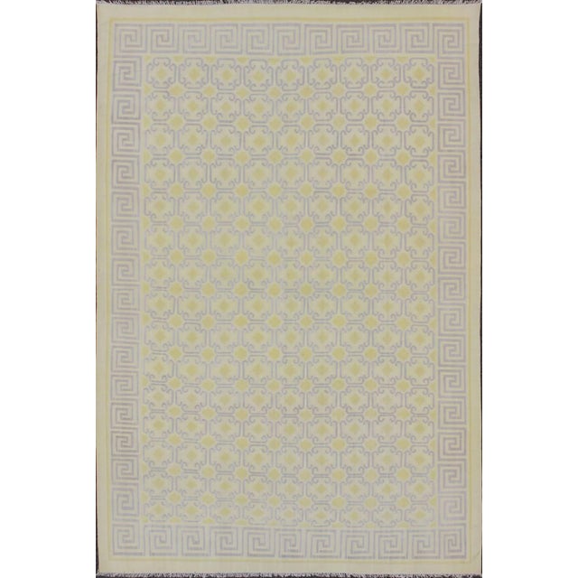 Mid 20th Century Large Vintage Indian Cotton Dhurrie Rug in Buttery Yellow and Light Lavender For Sale