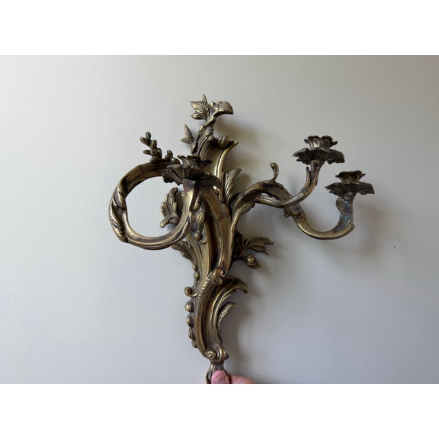 Vintage French Rococo Revival Brass Candle, Opera Wall Sconces – Pair For Sale - Image 4 of 9