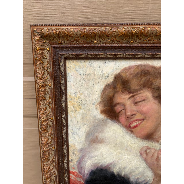 Early 20th Century Adolfo Belimbau Portrait of a Woman in a White Fox Stole, Antique Italian Oil on Canvas For Sale - Image 4 of 10